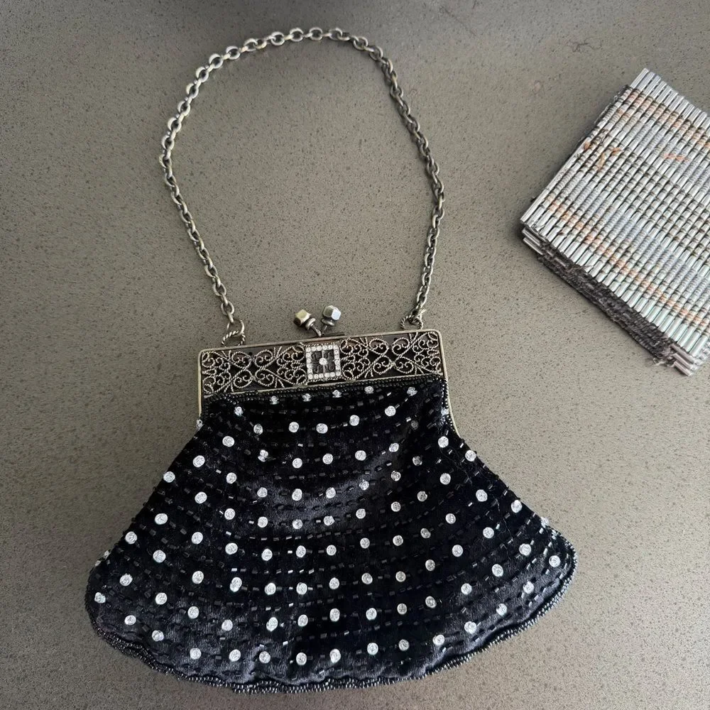 Vintage Black Beaded Evening Bag with Gold Frame Elegant.